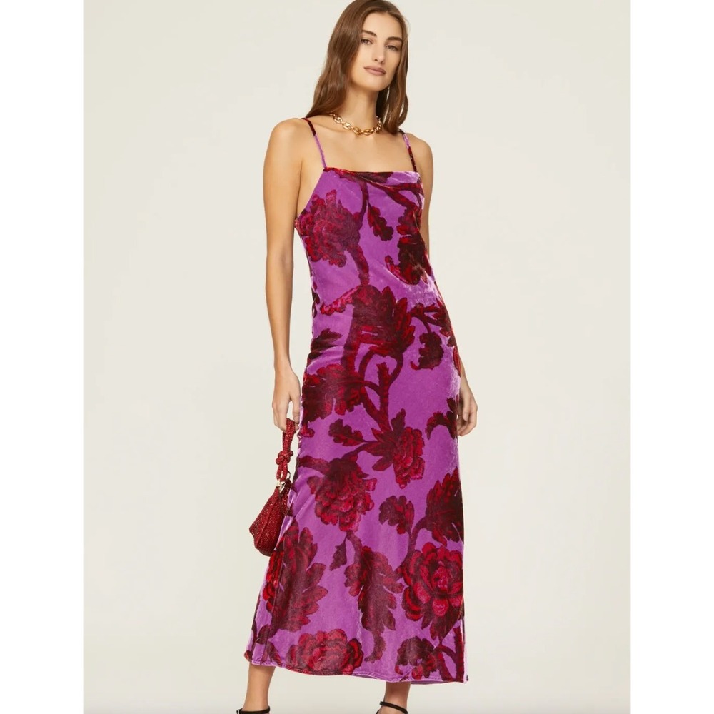 RHODE Jemima Dress 8 Purple Camellia Vine Crocus Floral Velvet Maxi‎ Tie Back